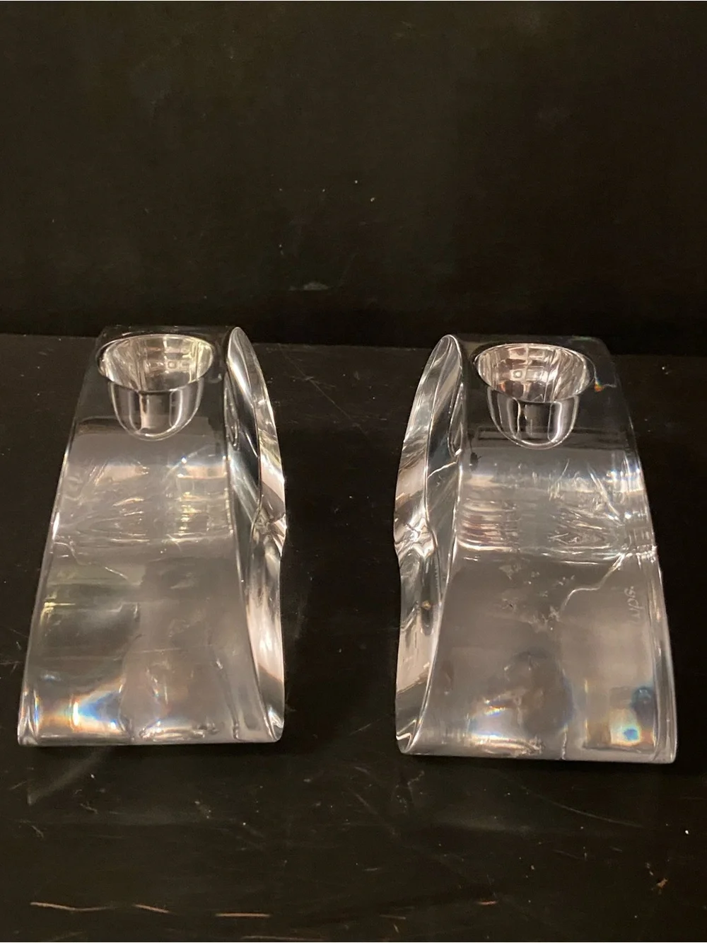 Nambe Crystal Clear Modern Sculptural Bow Candle Holders Set of 2